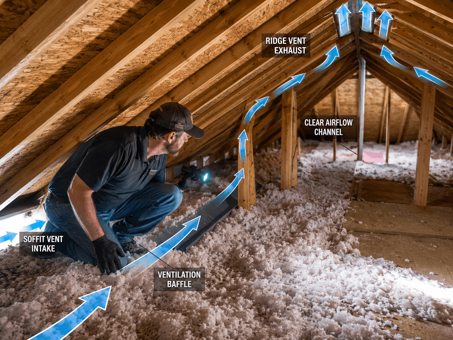 contractor inspecting attic airflow pathways before sizing solar attic fans