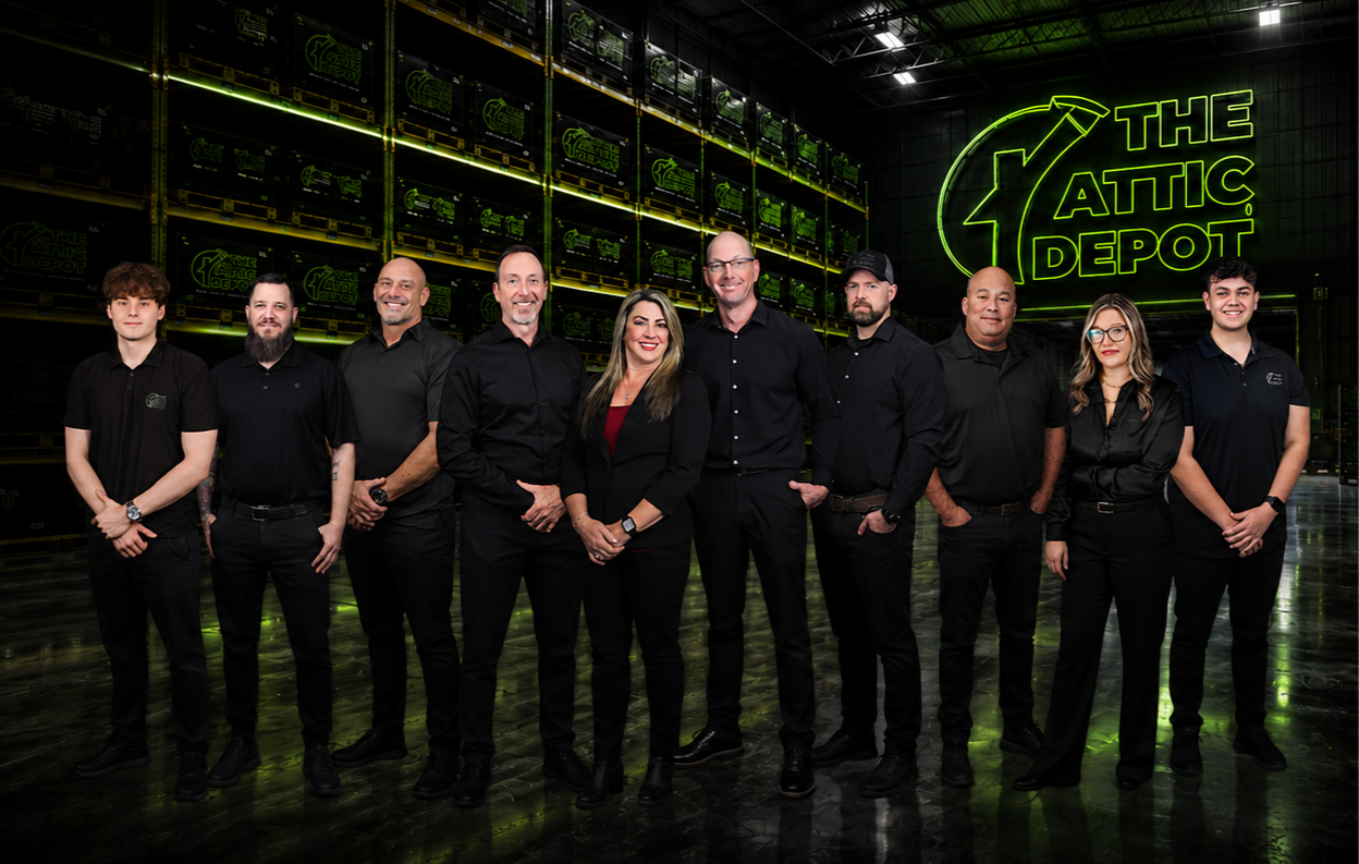 The Attic Depot team standing together in the company warehouse