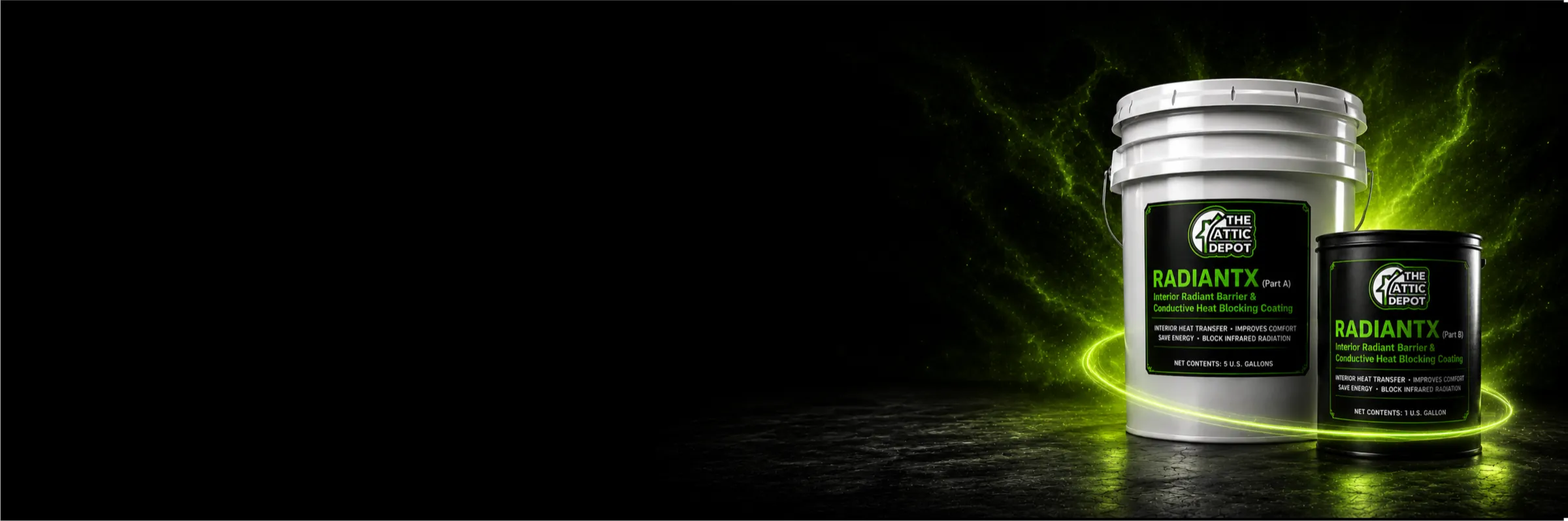 Radiant X radiant barrier product containers surrounded by a green glow